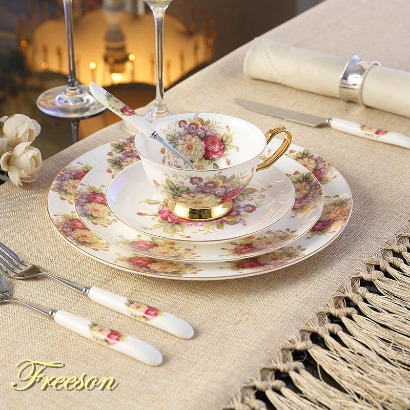 Afralia™ Royal Bone China Dinnerware Set with Cutlery - European Pastoral Style