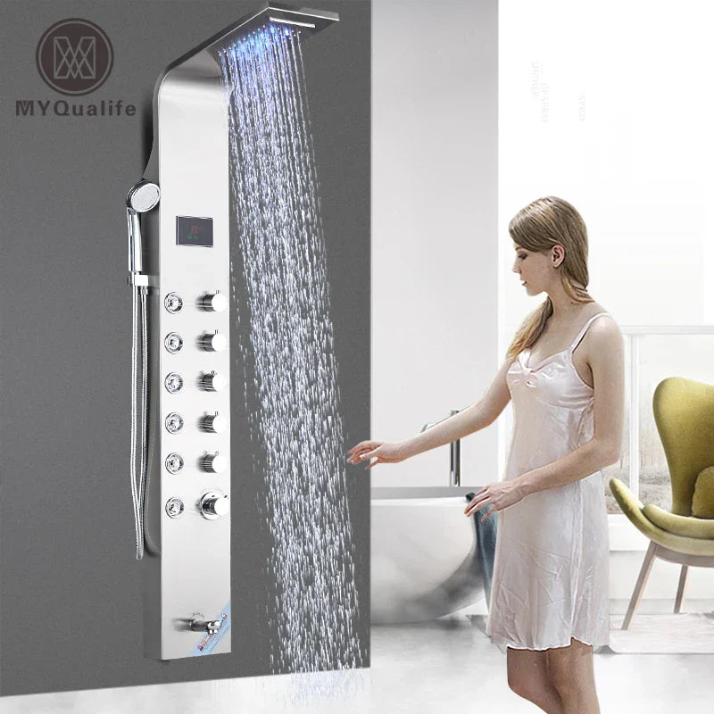 Afralia™ Spa Massage Jet Black LED Shower Panel with Waterfall Rainfall and Bidet Spray