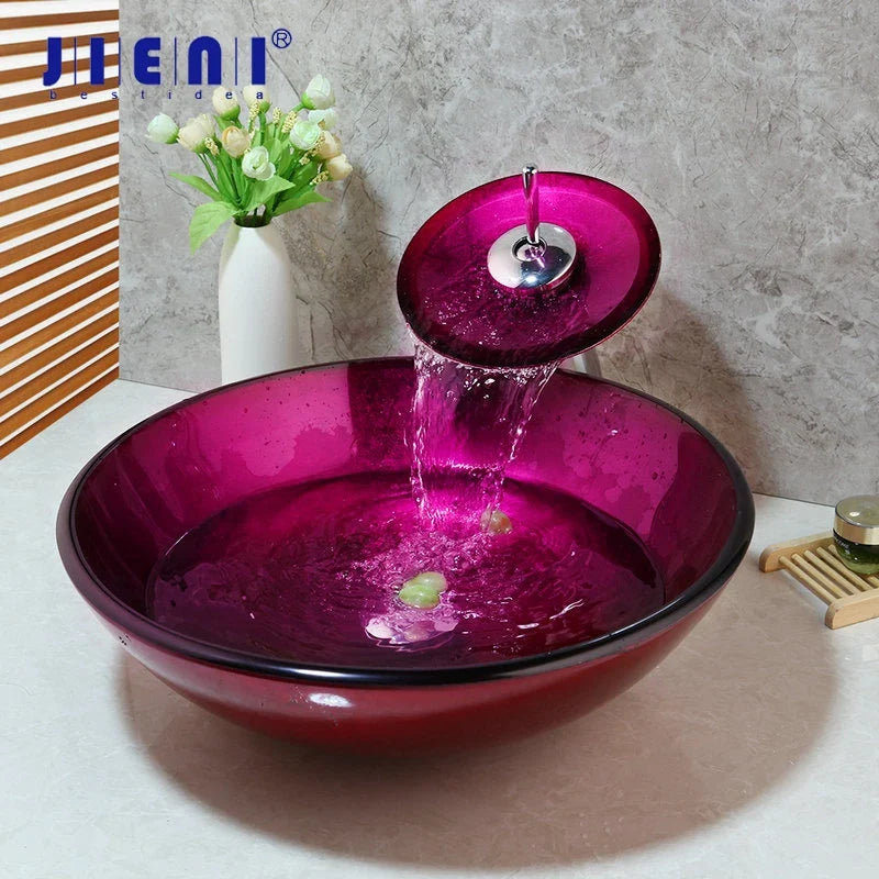 Afralia™ Rose Red Tempered Glass Basin Sink and Faucet Set for Bathroom Vanity