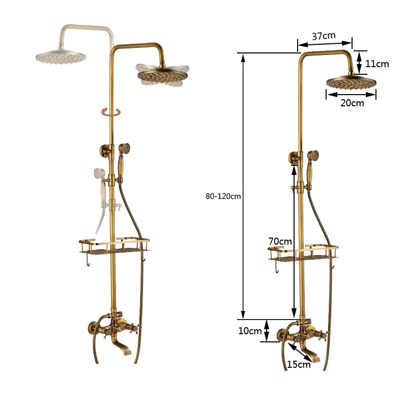 Afralia™ Antique Brass Wall Mount Bathtub Shower Faucet Dual Handle Shelf Spout