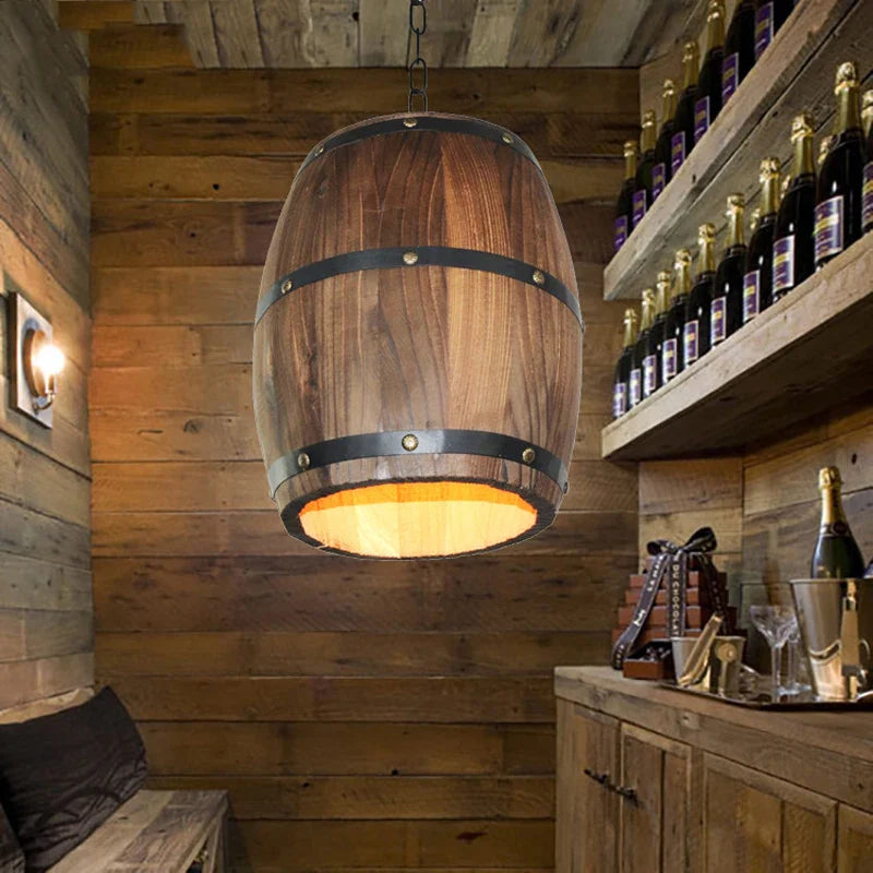Afralia™ Wooden Barrel Pendant Lights Retro Decor Hanging Lamp for Dining Room Bar