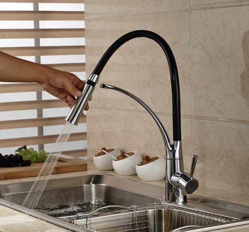 Afralia™ Black Hose Kitchen Mixer Tap with Single Handle Stream Sprayer, Chrome Finish