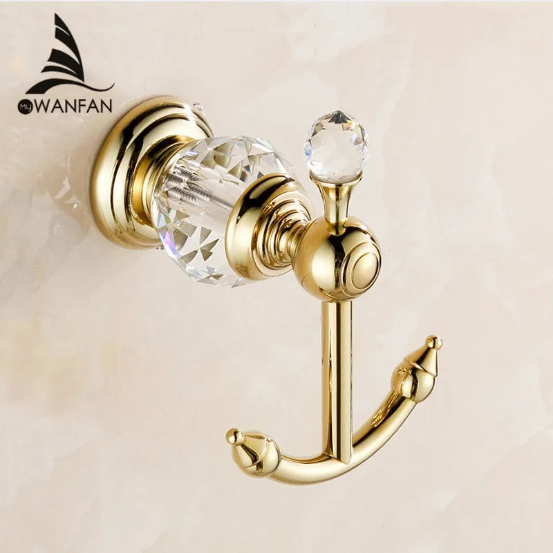Afralia™ Crystal Brass Gold Robe Hook | European Style Towel Rack & Clothes Hook