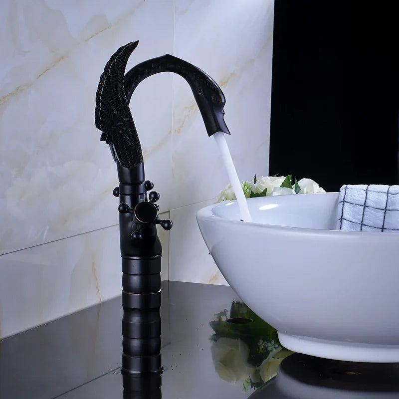 Afralia™ Black Bronze Swan Basin Faucet Dual Cross Handle Deck Mounted Bathroom Mixer