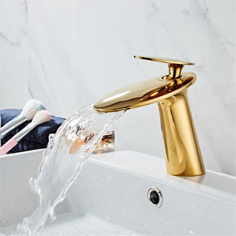 Afralia™ Solid Brass Rose Gold Waterfall Bathroom Faucet, Single Handle Deck Mounted Mixer