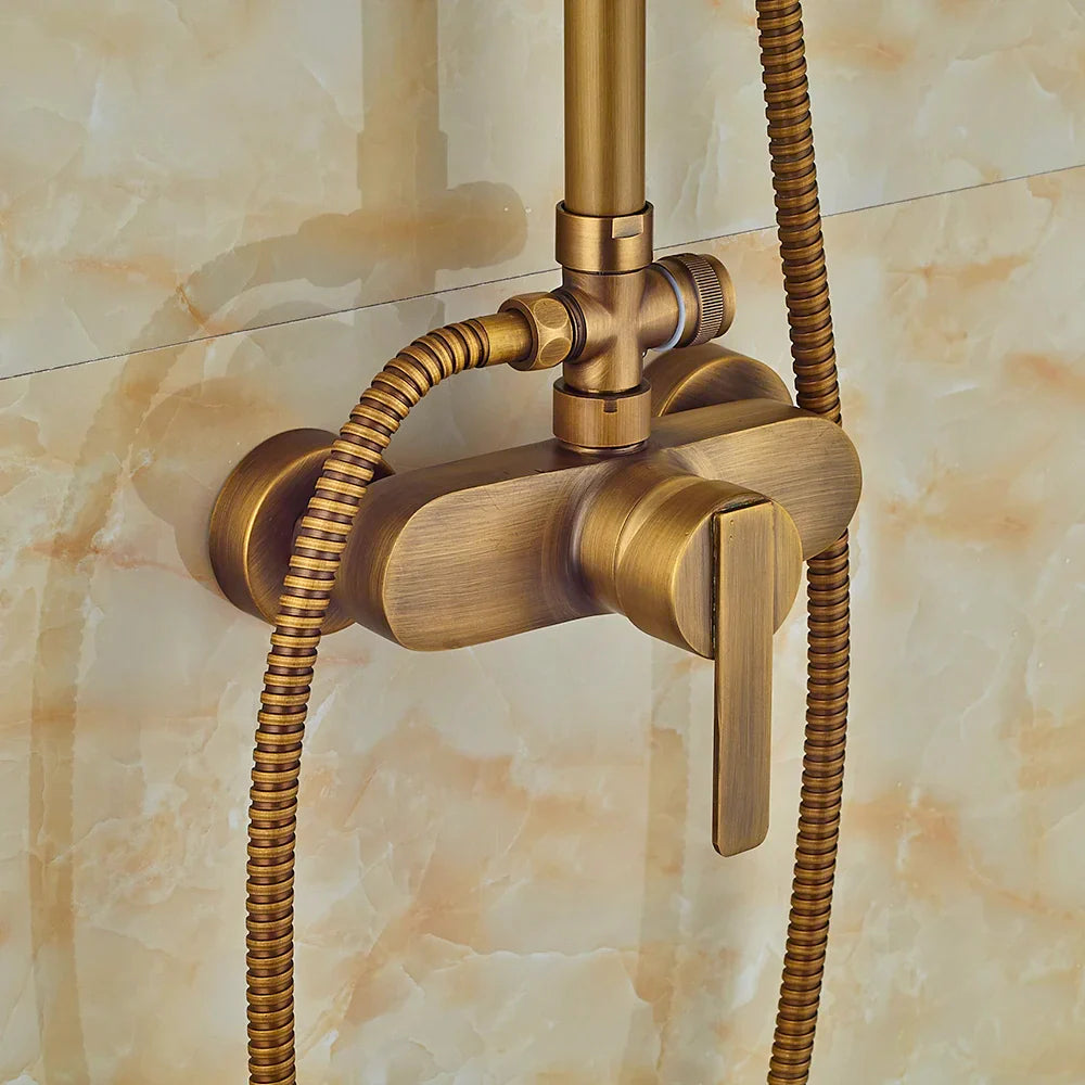 Afralia™ Antique Brass Shower Set with 8" Rainfall Head and Hand Sprayer