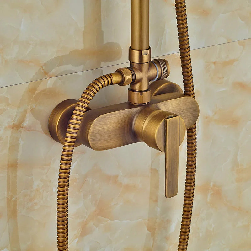 Afralia™ Antique Brass Shower Set with 8" Rainfall Head and Hand Sprayer