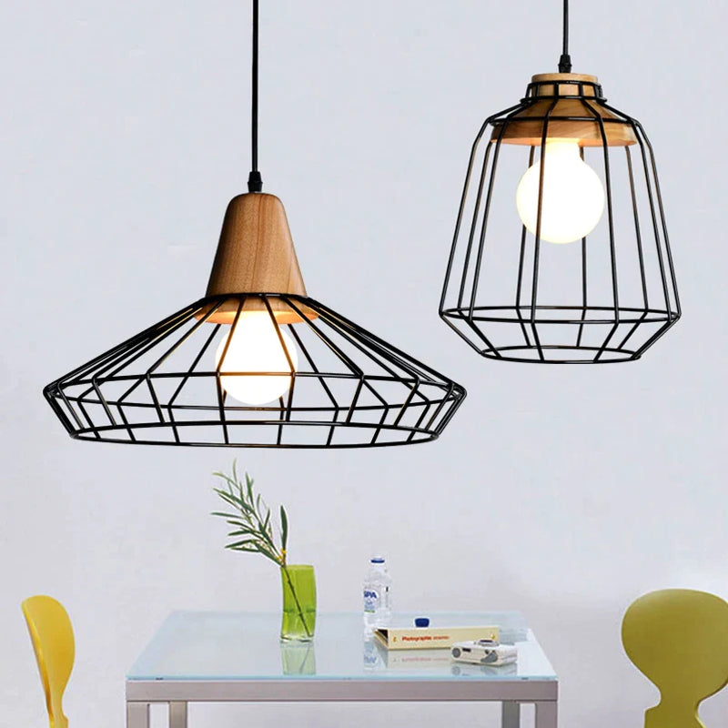 Afralia™ Retro Art Imitation Wood Iron Cage Chandelier for Dining Room and Living Room