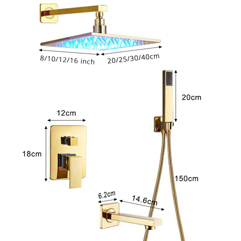 Afralia™ LED Golden Shower Faucet Set with Single Handle Rainfall Bath Mixer