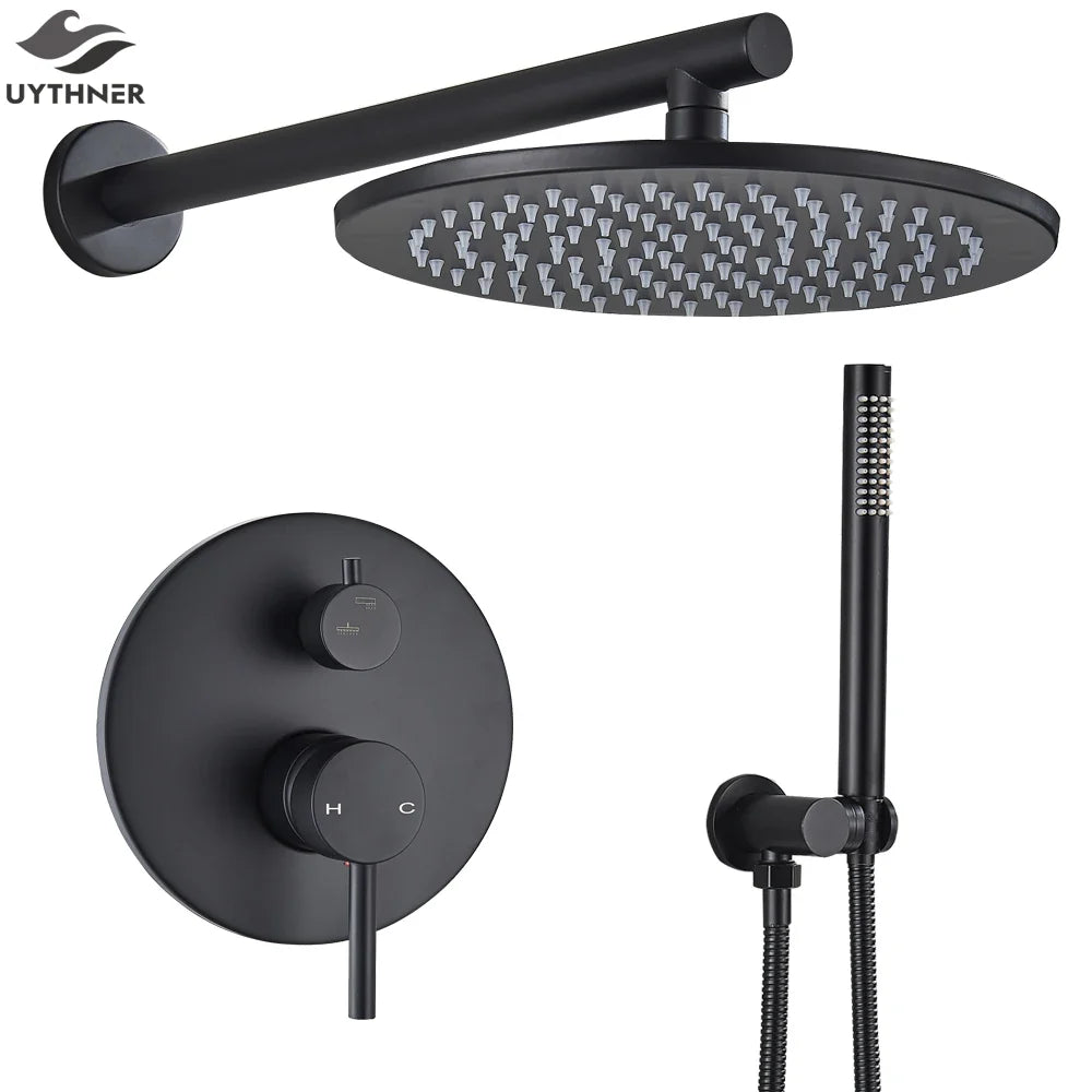 Afralia™ Brass Black Shower Set with Ceiling/Wall Arm, Diverter Mixer, Handheld Spray, 8-16" Rain Head