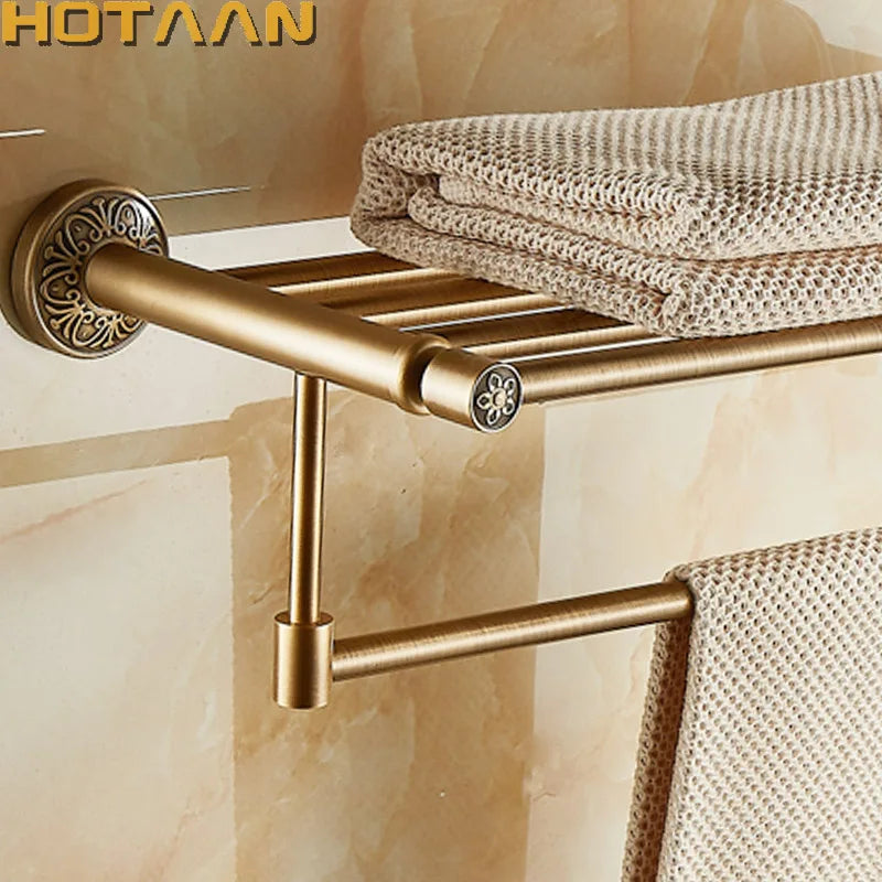 Afralia™ Brass Bath Towel Rack Square Double Towel Shelf Bathroom Accessories