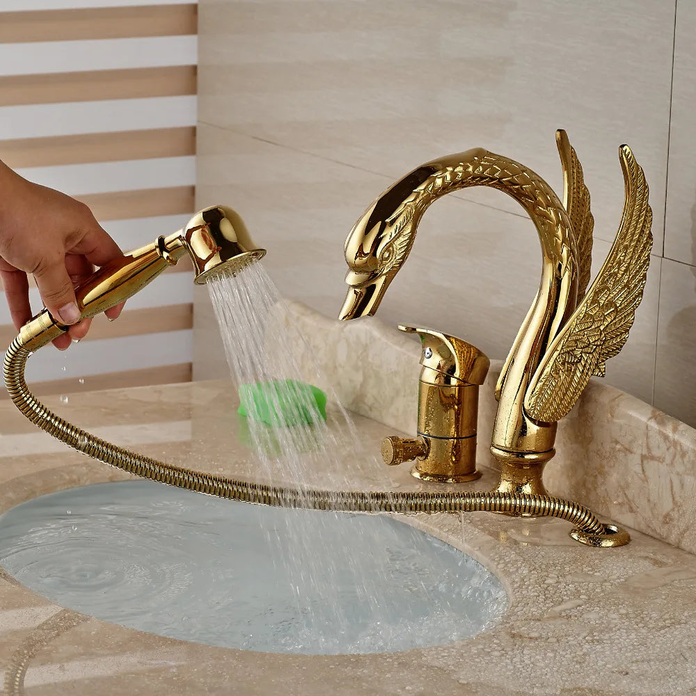 Afralia™ Swan Bathtub Faucet Deck Mount with Handheld Shower - Golden Finish