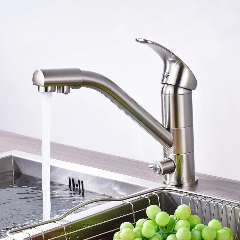 Afralia™ Brushed Nickel Kitchen Sink Faucet with Water Purification: 360° Rotation Deck Mounted Mixer Tap