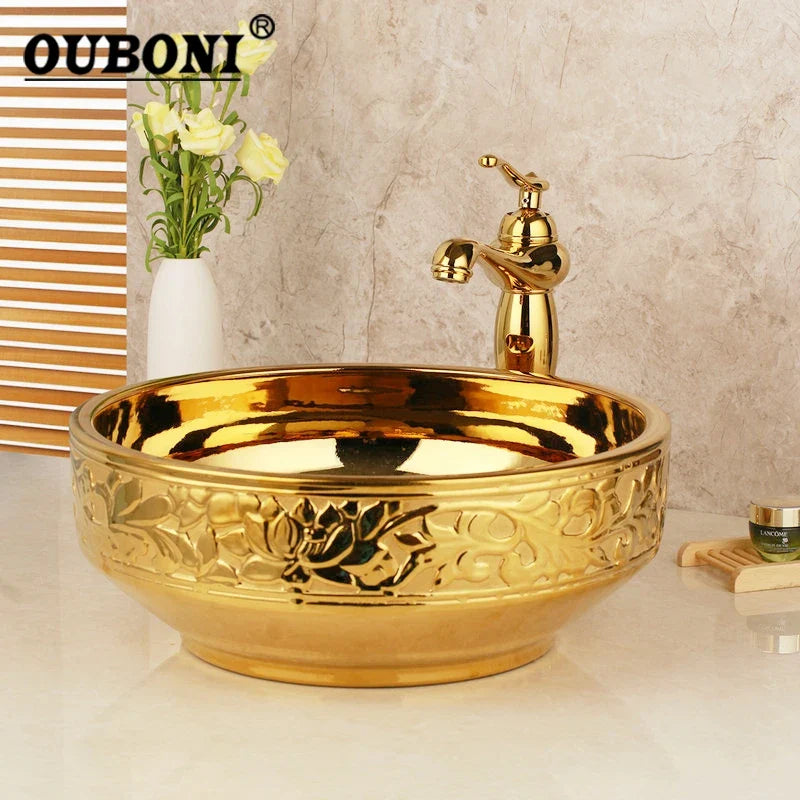 Afralia™ Golden Ceramic Washbasin and Brass Mixer Faucet Set