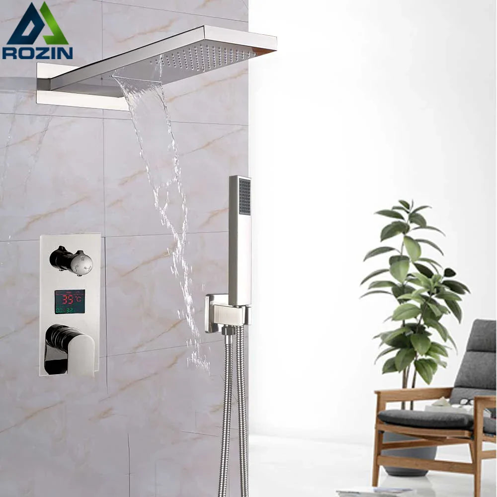 Afralia™ Chrome Luxury Digital Bath Shower Mixer with Rain Waterfall and Handshower