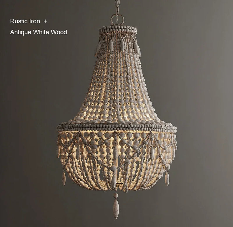 Afralia™ Vintage French Wood Bead Chandelier Retro Black Kitchen Bedroom Lighting