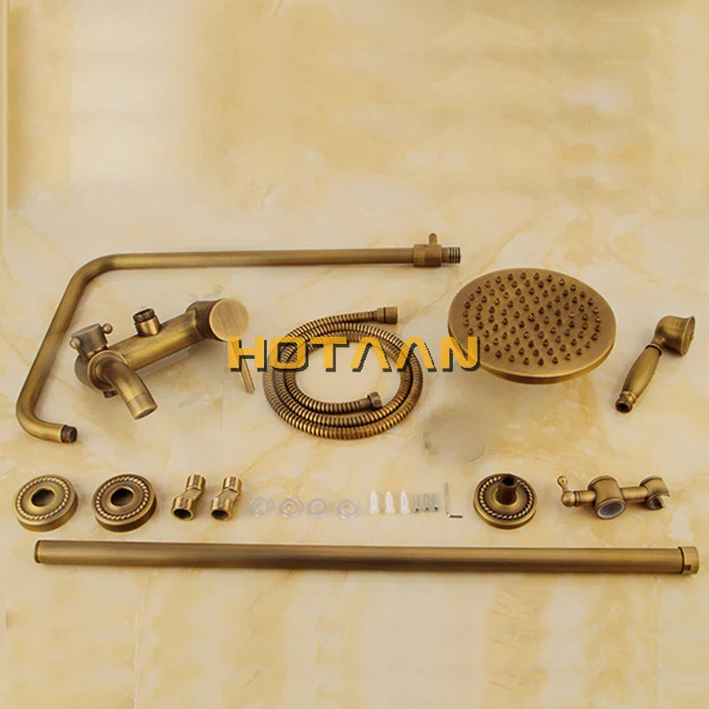 Afralia™ Antique Brass Shower Faucet Set with Rainfall Mixer Valve and Hand Shower