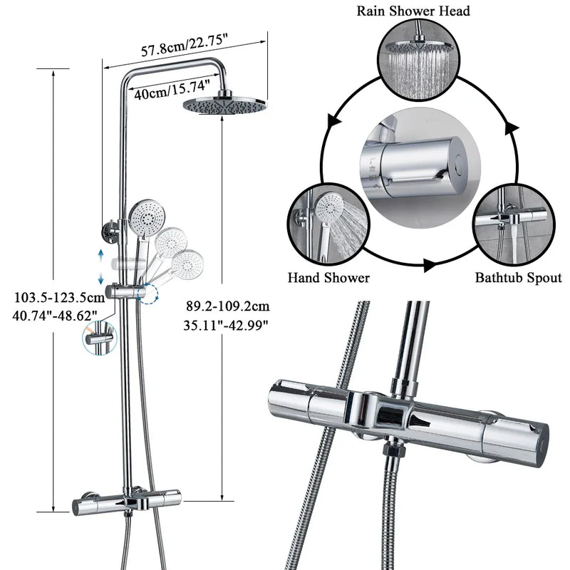 Afralia™ Thermostatic Rainfall Shower Mixer Set Chrome Wall Mounted Swivel Faucet