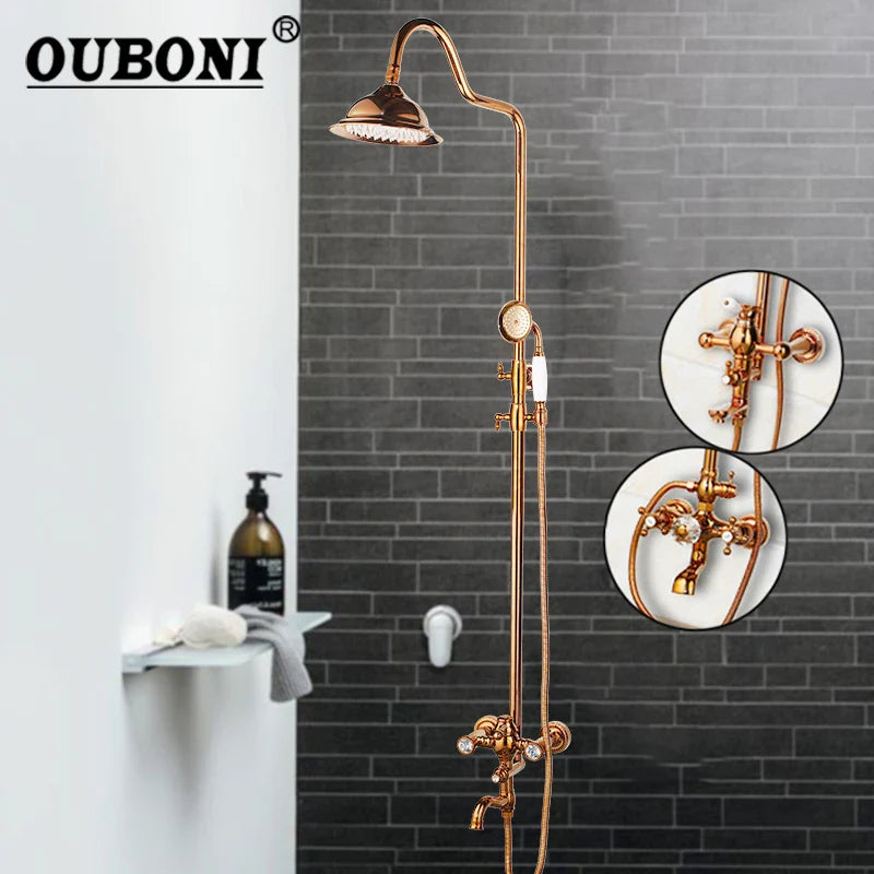 Afralia™ Rose Gold Brass Shower Set with Rainfall Head and Crystal Handles