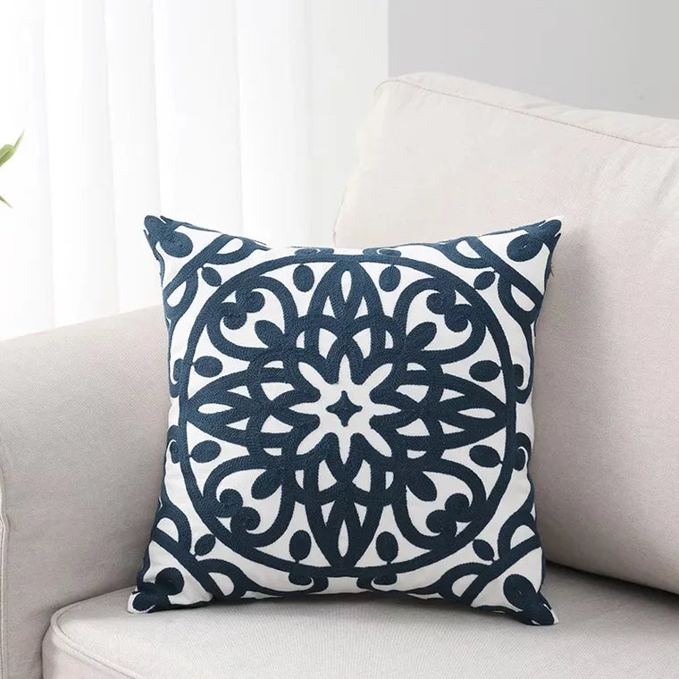 Afralia™ Navy Gray Black Floral Embroidered Cotton Cushion Cover - 45x45cm