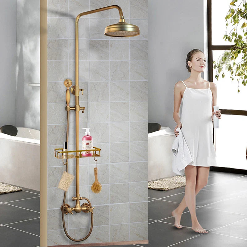 Afralia™ Antique Brass Rainfall Shower Faucet Set with 2 Functions