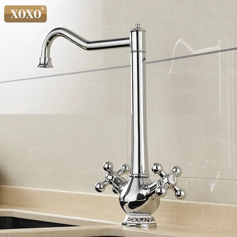 Afralia™ Chrome Double Cross Handle Kitchen Faucet with Swivel Spout