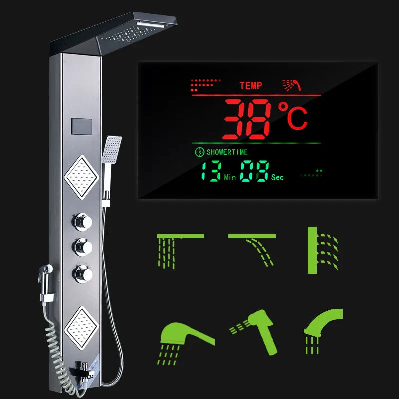Afralia™ Black LED Shower Panel Tower with Digital Screen and Thermostatic Mixer
