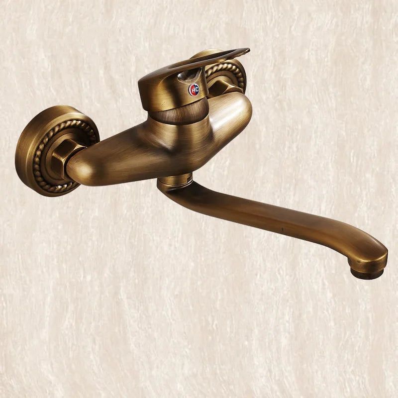 Afralia™ Antique Brass Bathroom Basin Faucet Long Spout Dual Handle Wall Mount