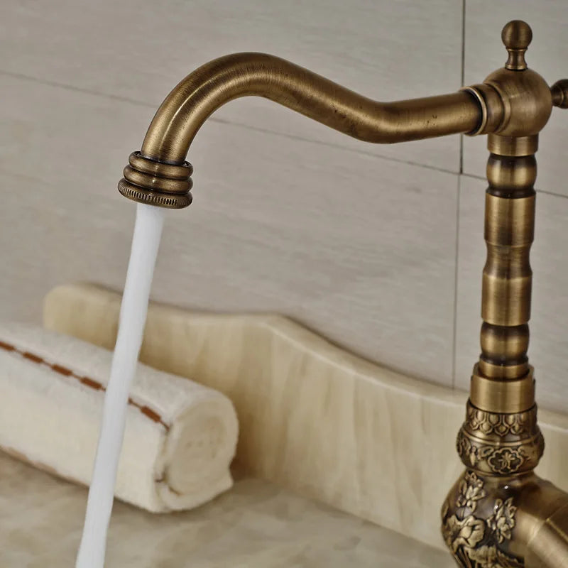 Afralia™ Antique Brass Bathroom Sink Faucet Mixer, Single Handle Hot Cold Water Tap