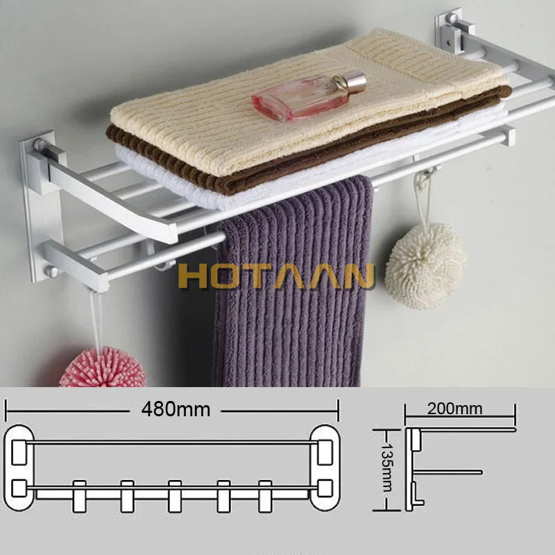 Afralia™ Foldable Aluminium Towel Holder with Hooks, Rust-Resistant Towel Rack
