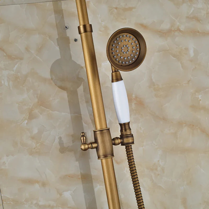 Afralia™ Antique Brass Shower Faucet Set with Handheld Shower- 8" Rainfall Head