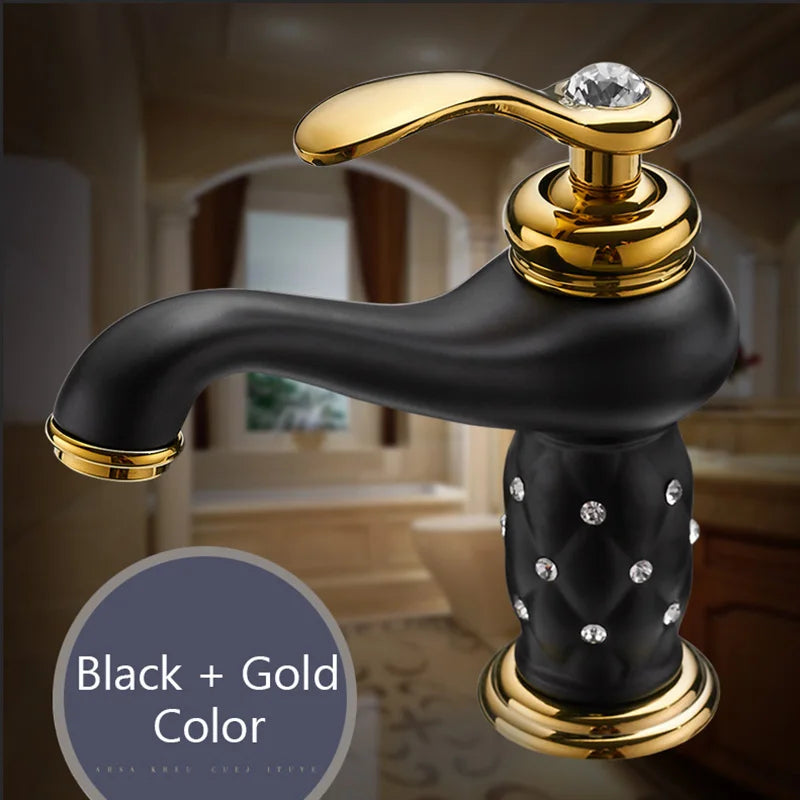 Afralia™ Gold Brass Diamond Basin Faucet Single Handle Hot & Cold Mixer Tap
