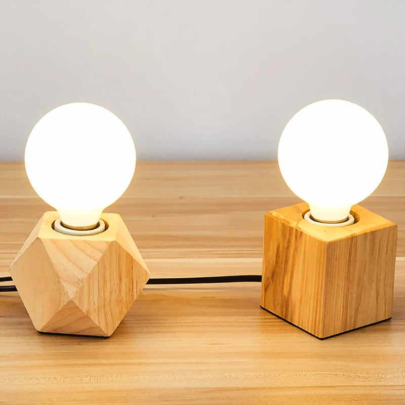 Afralia™ Solid Wood Polyhedron Table Lamp with EU Plug and E27 Bulb Socket