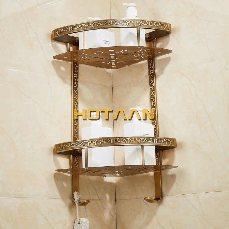 Afralia™ Antique Aluminum Double Layer Bathroom Corner Shelf - Bathroom Holder Organizer