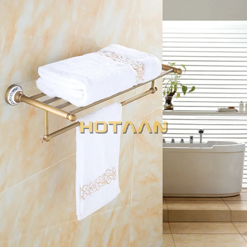Afralia™ Brass Bathroom Towel Rack, Antique Brass Towel Holder, 60cm Corner Bath Shelf
