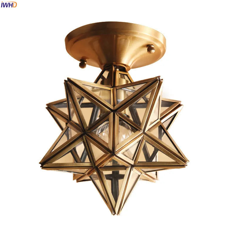 Afralia™ Vintage Star Copper Glass Ceiling Lamp LED Lighting fixture for Kitchen, Hallway, Balcony, Porch.