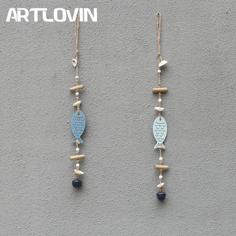 Afralia™ Blue Fish Sea-maid Pendant Drift Wood Bells Wall Decoration