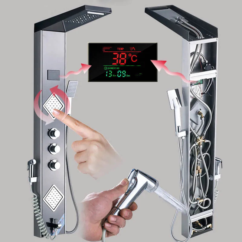 Afralia™ Black LED Shower Panel Tower with Digital Screen and Thermostatic Mixer