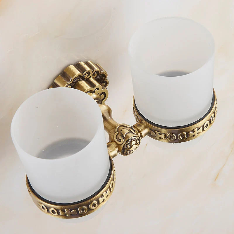 Afralia™ Brass Antique Glass Cup Holder Set Luxury Bathroom Accessories
