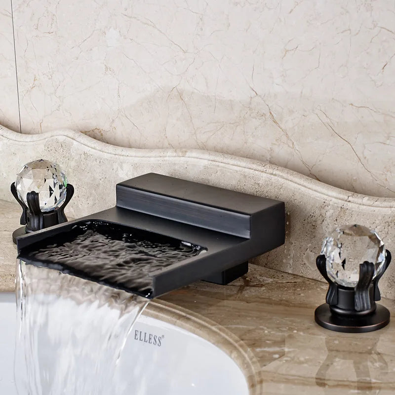 Afralia™ Black Wide Waterfall Spout Faucet Double Handle Bathroom Mixer Taps