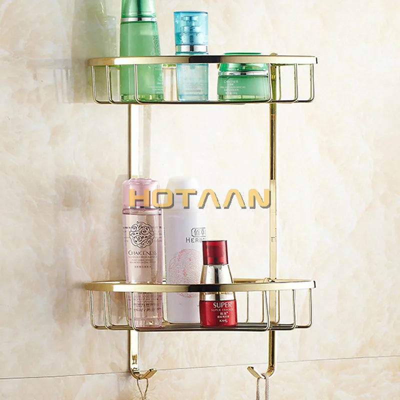 Afralia™ Gold Brass Double Layer Bathroom Shower Shelf Basket Holder