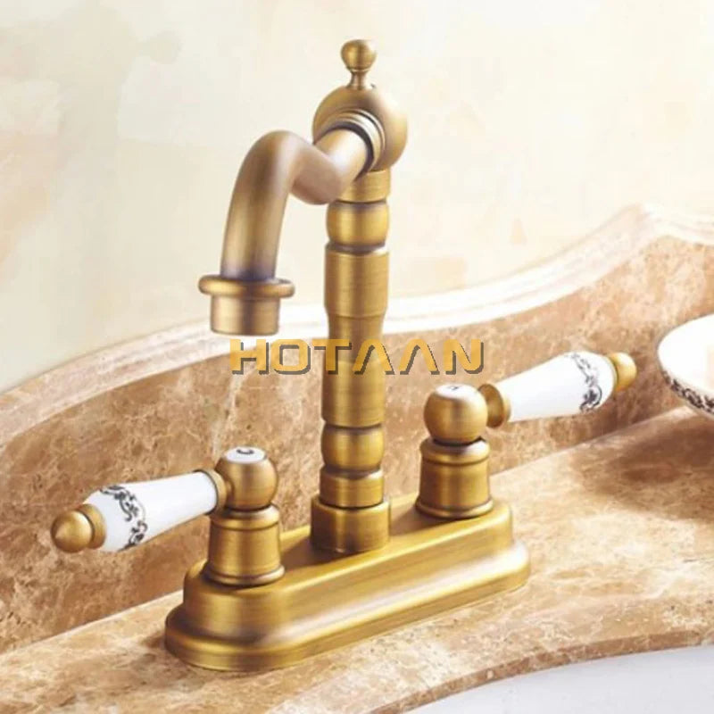 Afralia™ Antique Brass Dual Hole Basin Faucet Mixer Tap for Bathroom Sink