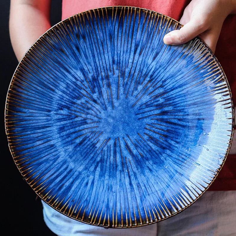 Afralia™ Ceramic Cat Eye Blue Pasta Plate - Round Steak Dish for Western Style Food