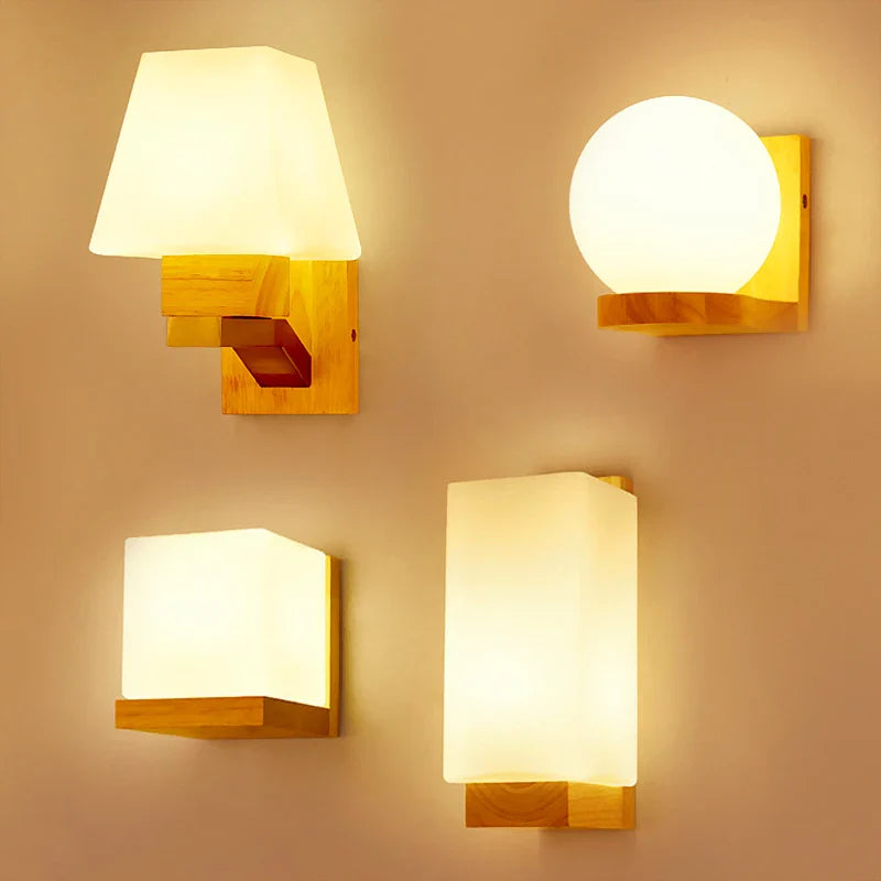 Afralia™ Nordic Wood LED Glass Wall Sconce for Modern Bedroom Hallway Decor