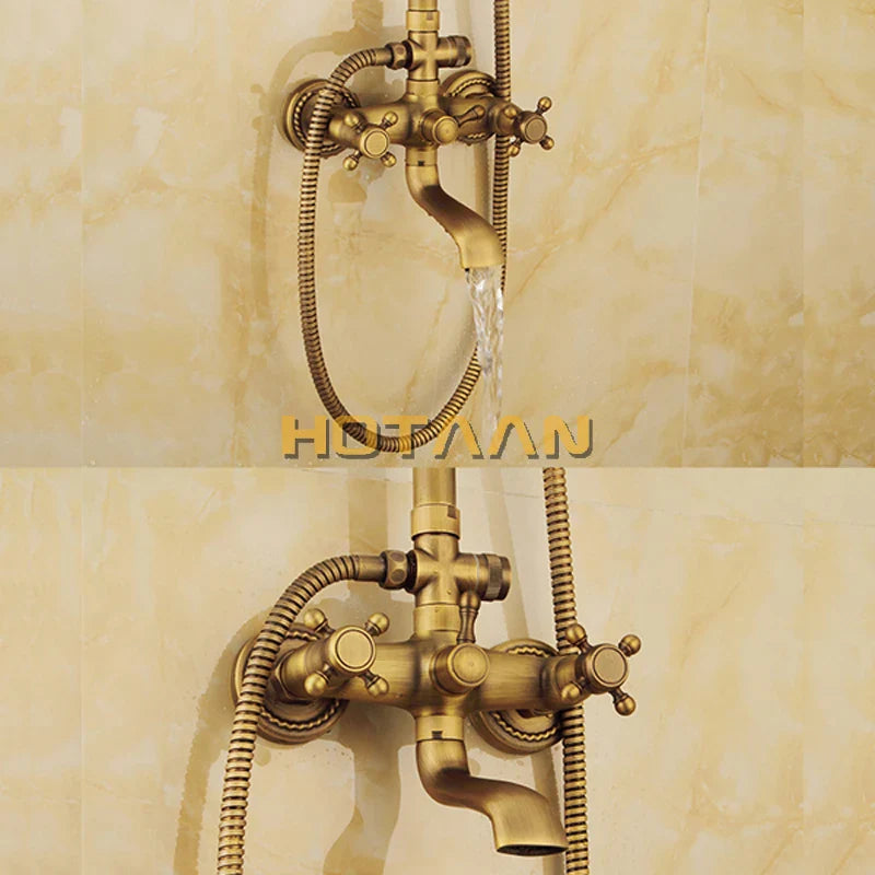 Afralia™ Antique Brass Shower Faucet Set with Rainfall Shower Head and Hand Shower