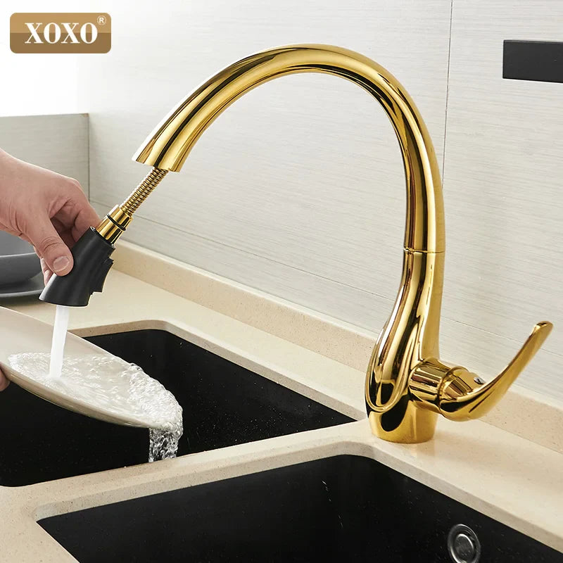 Afralia™ Golden Pull Out Kitchen Faucet Single Handle 360° Water Mixer Tap