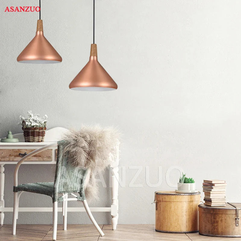 Rose Gold Nordic Wooden Pendant Lamp by Afralia™ - Creative Bar Restaurant Hanging Fixture