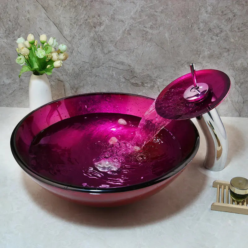 Afralia™ Rose Red Tempered Glass Basin Sink and Faucet Set for Bathroom Vanity