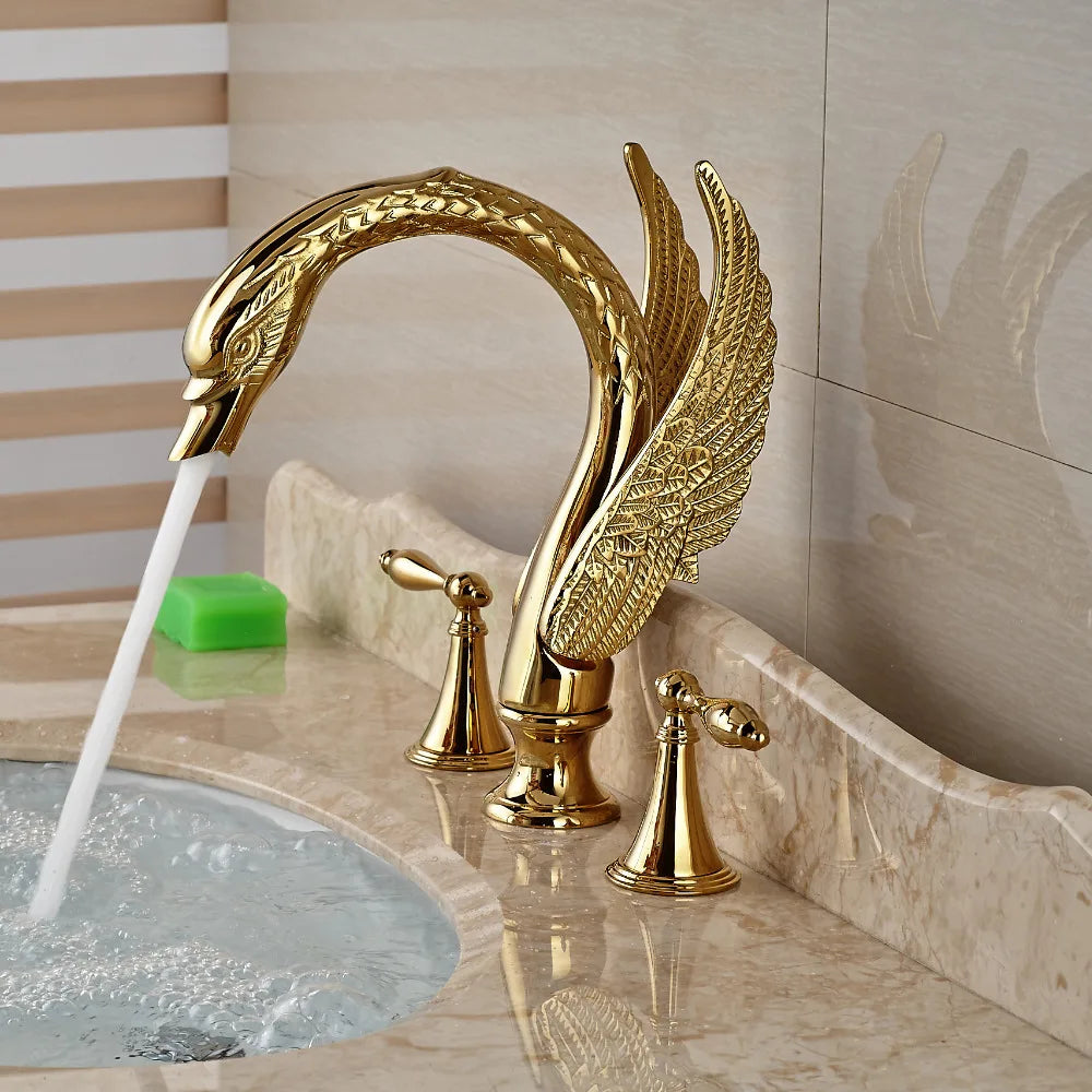Afralia™ Swan Dual Handle Gold Basin Faucet | Widespread Bathroom Mixer Tap