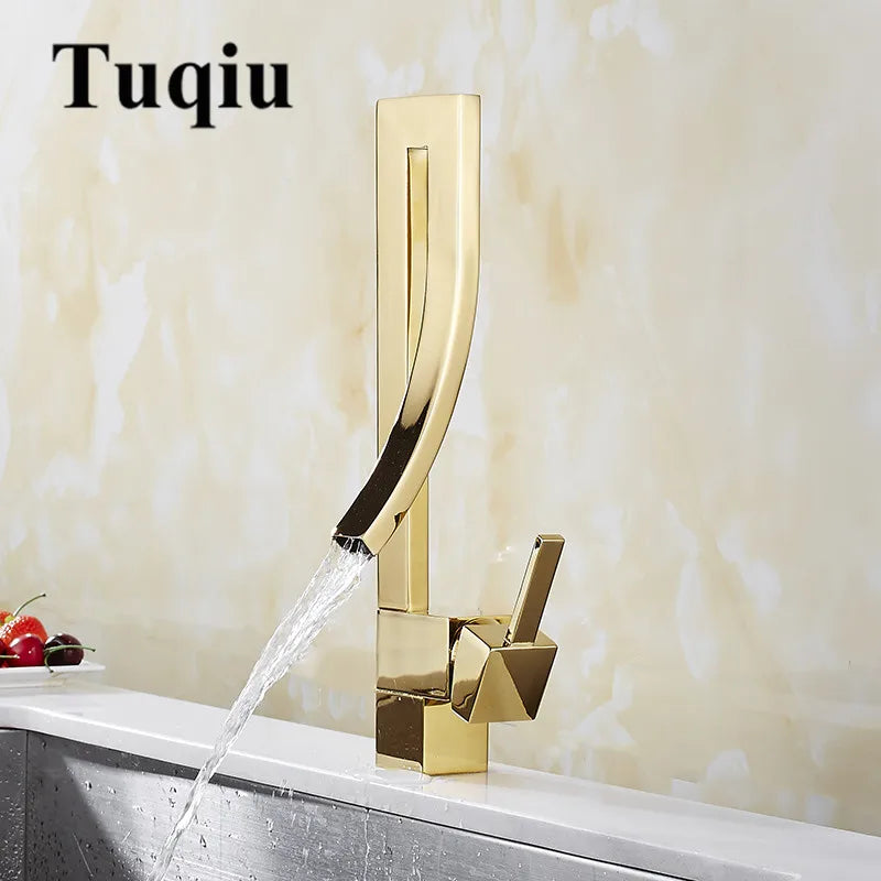 Afralia™ Gold Brass Square Basin Faucet Single Handle Deck Mounted Bathroom Sink Mixer